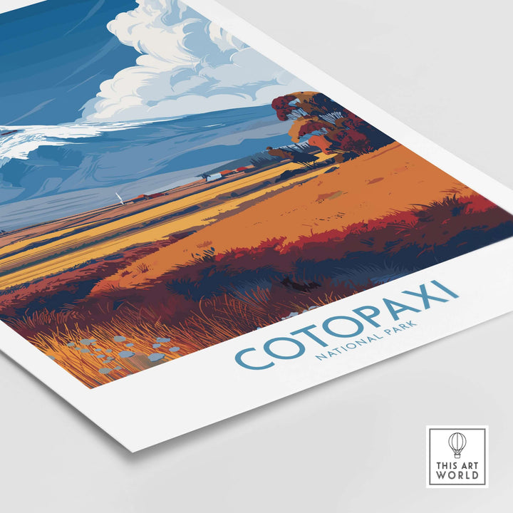 Cotopaxi National Park travel poster showcasing vibrant landscape and volcano in Ecuador.