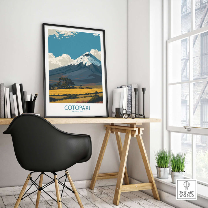 Cotopaxi volcano landscape print displayed in a modern workspace, showcasing Ecuador's natural beauty.