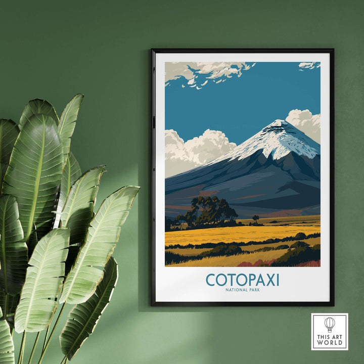 Stylish Cotopaxi Volcano National Park travel poster print in a modern setting with green walls.