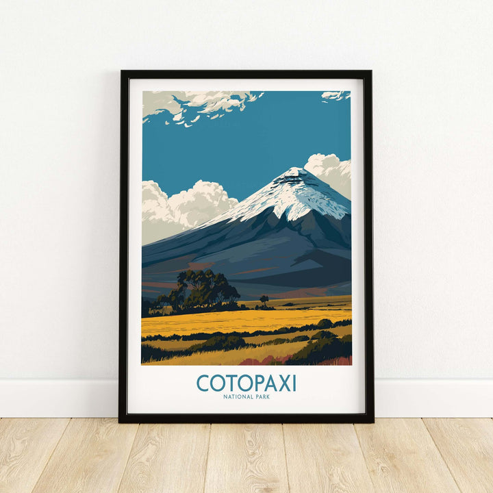 Stylish Cotopaxi National Park poster featuring the iconic volcano against a blue sky and golden grasslands.