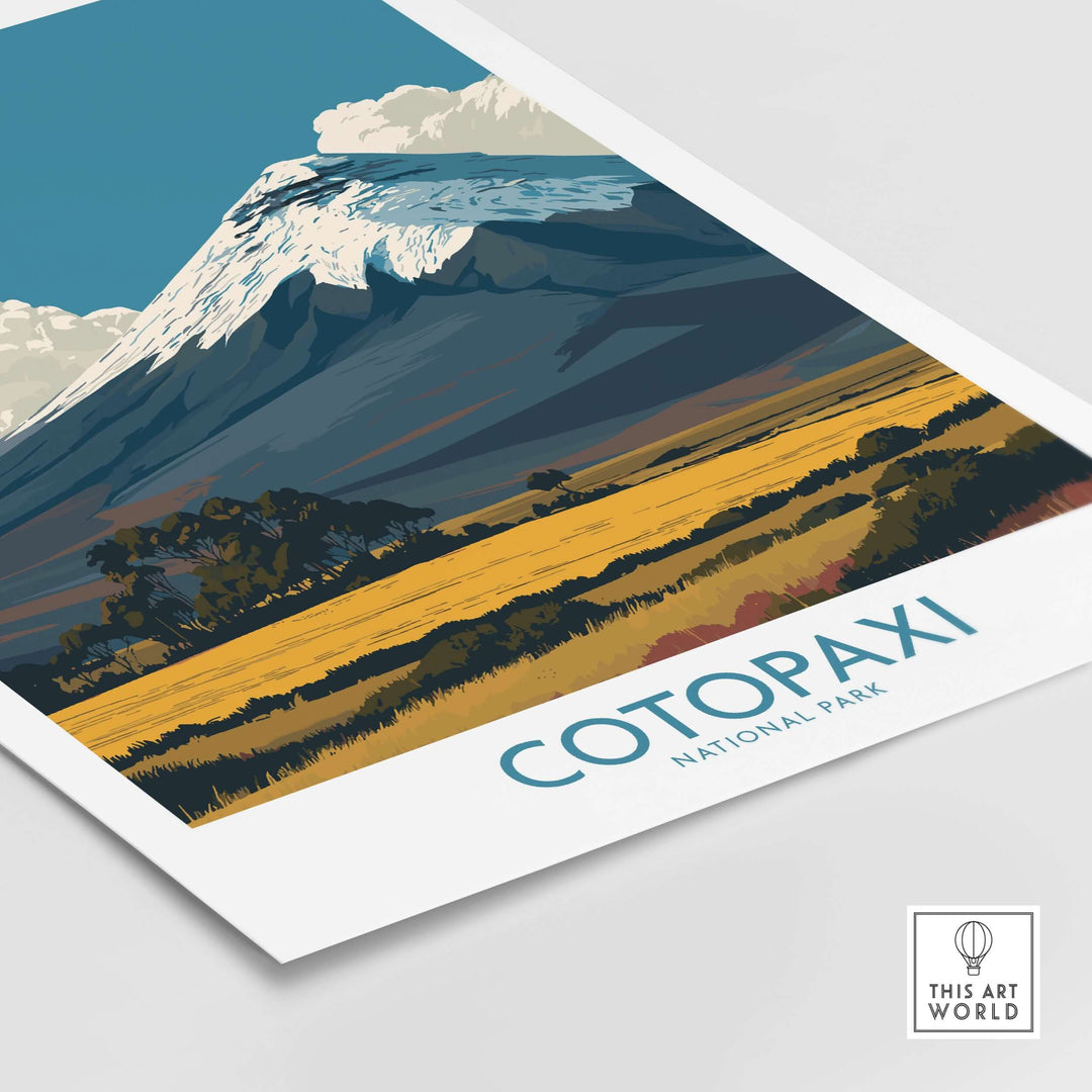 Ecuador Cotopaxi National Park poster featuring the iconic volcano and golden grasslands in graphic illustration style.