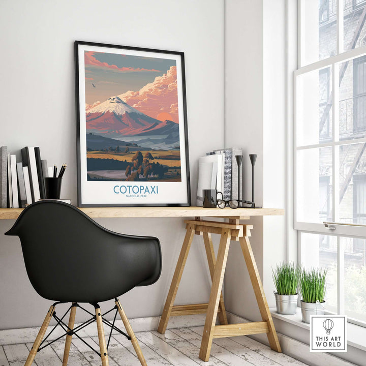 Cotopaxi volcano landscape poster in modern office setting, vibrant sunset colors and elegant wall art style.