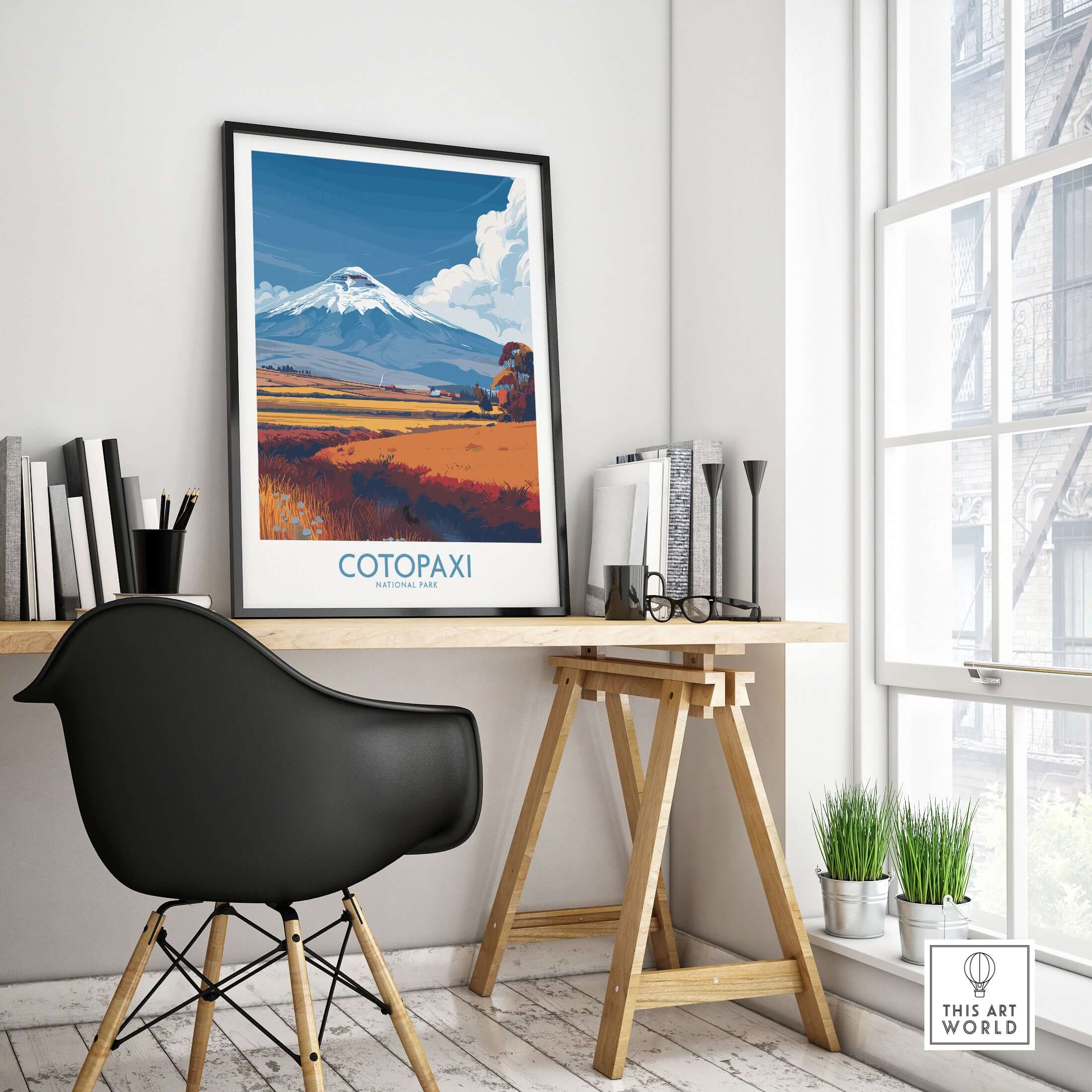 Ecuador Cotopaxi Volcano Travel Poster National Park Landscape Print Wall Art Andes displayed in a modern home office decor.