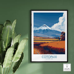 Ecuador Cotopaxi Volcano Travel Poster National Park Landscape Print Wall Art Andes in a modern home decor setting.