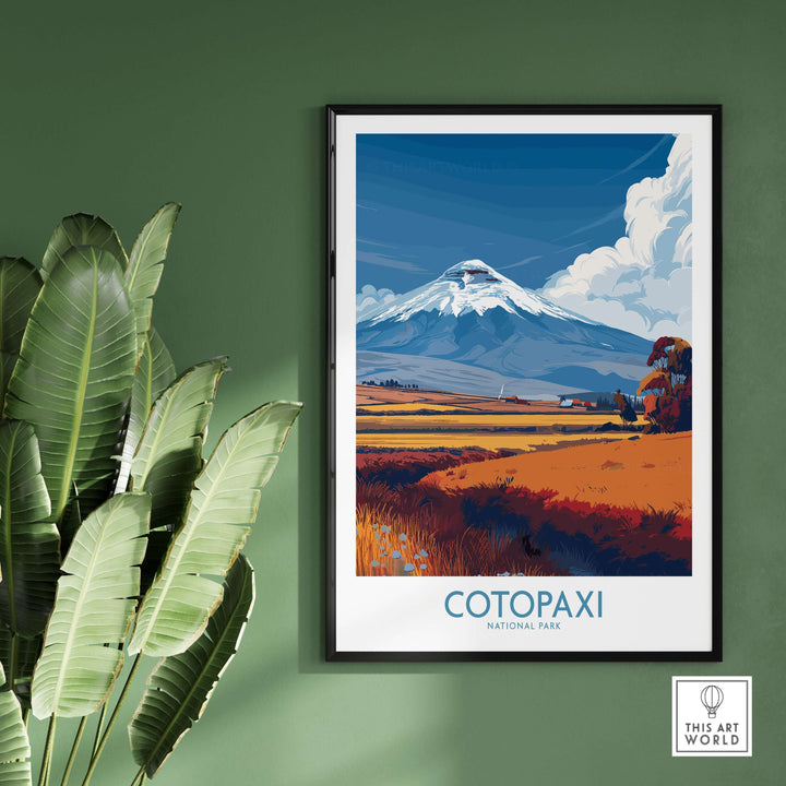 Cotopaxi National Park poster featuring the majestic volcano in vibrant colors against a blue sky.