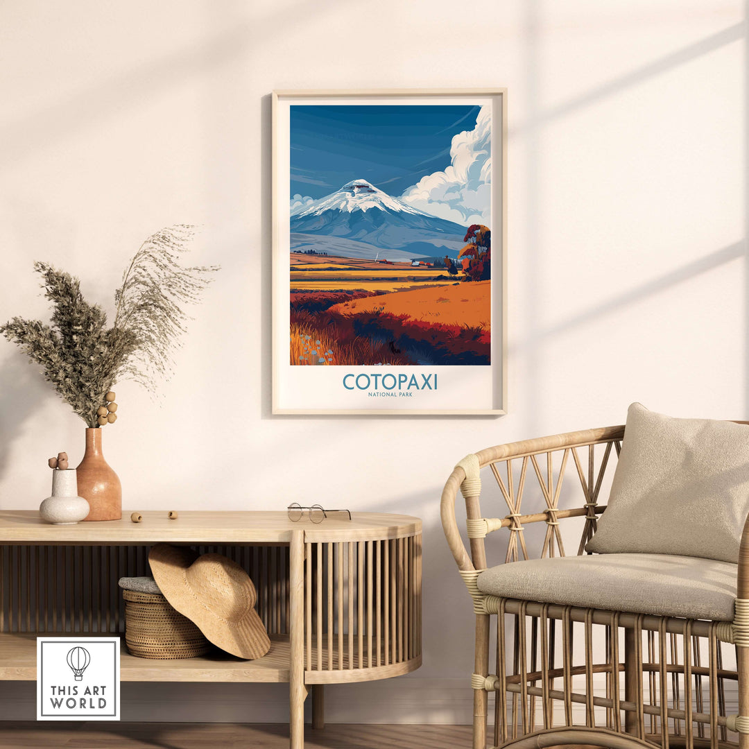 Ecuador Cotopaxi Volcano travel poster in a modern living room setting, featuring a vibrant landscape and snowy peak.