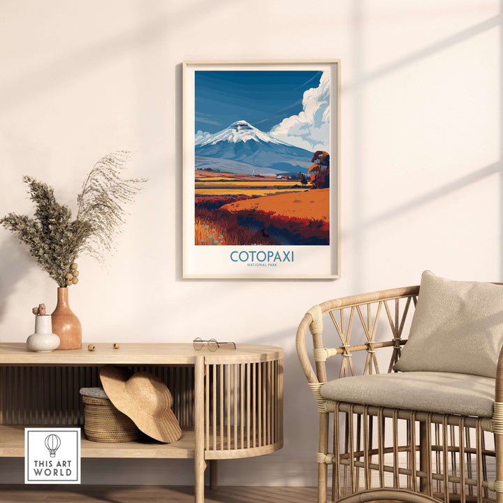 Ecuador Cotopaxi Volcano travel poster in a modern living room setting, featuring a vibrant landscape and snowy peak.