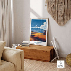 Ecuador Cotopaxi Volcano Travel Poster National Park Landscape Print Wall Art Andes displayed in a modern living room.