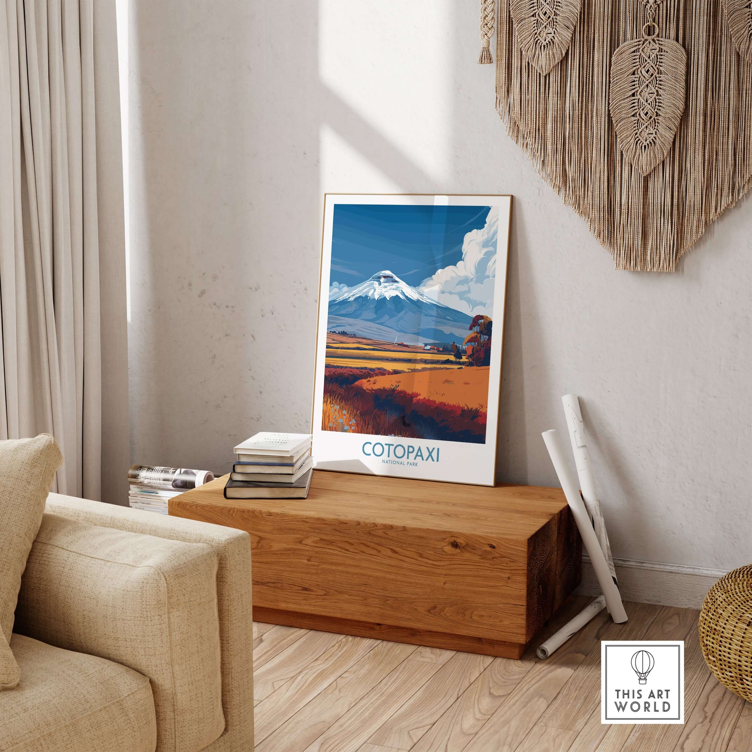 Ecuador Cotopaxi Volcano Travel Poster National Park Landscape Print Wall Art Andes displayed in a modern living room.