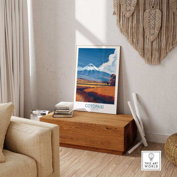 Ecuador Cotopaxi Volcano travel poster showcasing vibrant landscape in a stylish home setting.