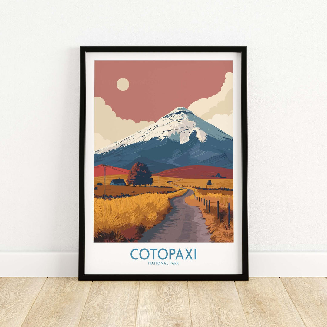 Cotopaxi National Park travel poster featuring a serene road and majestic volcano in warm colors.