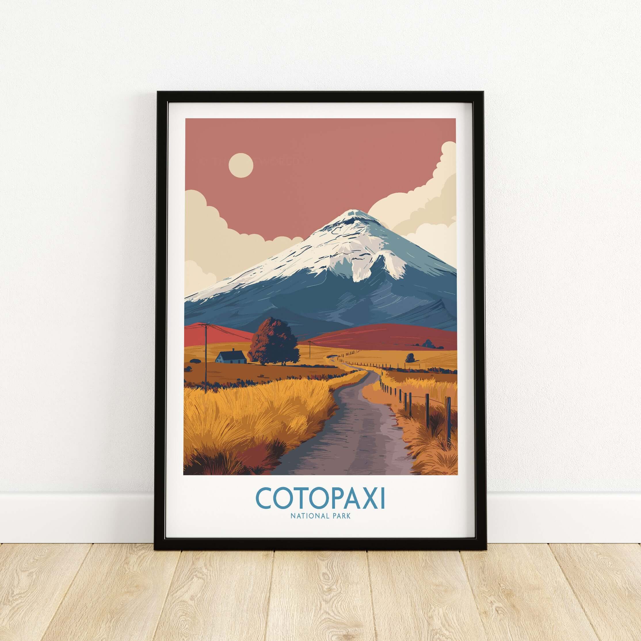 Ecuador Volcano Cotopaxi Travel Poster Road Landscape Print National Park Wall Art featuring Cotopaxi mountain and a scenic road.