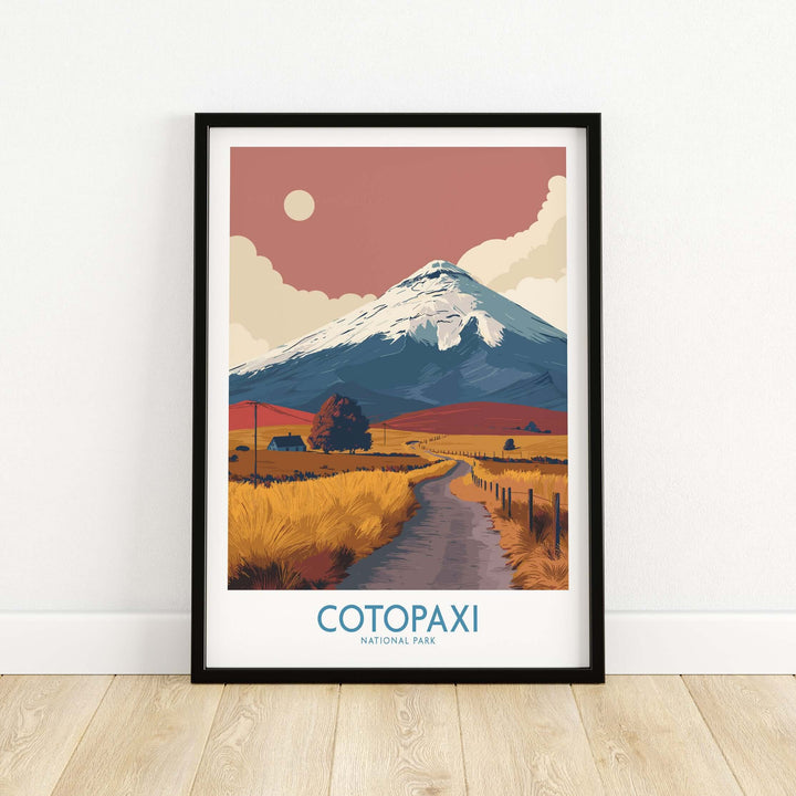 Cotopaxi National Park travel poster featuring a serene road and majestic volcano in warm colors.