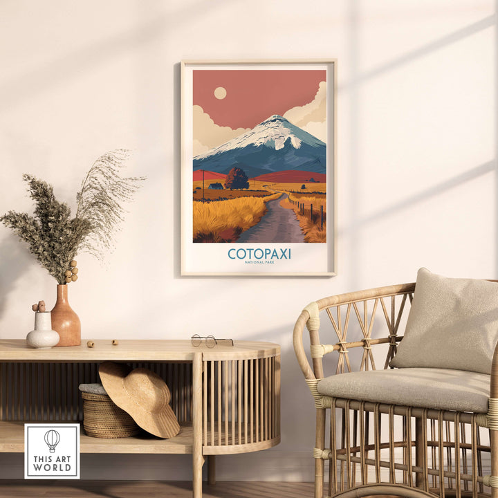 Illustrative travel poster of Cotopaxi volcano, depicting a serene road in Cotopaxi National Park.