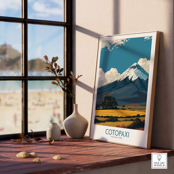 Ecuador Cotopaxi Volcano travel poster art framed, showcasing the peak and landscape from a stylish interior setting.