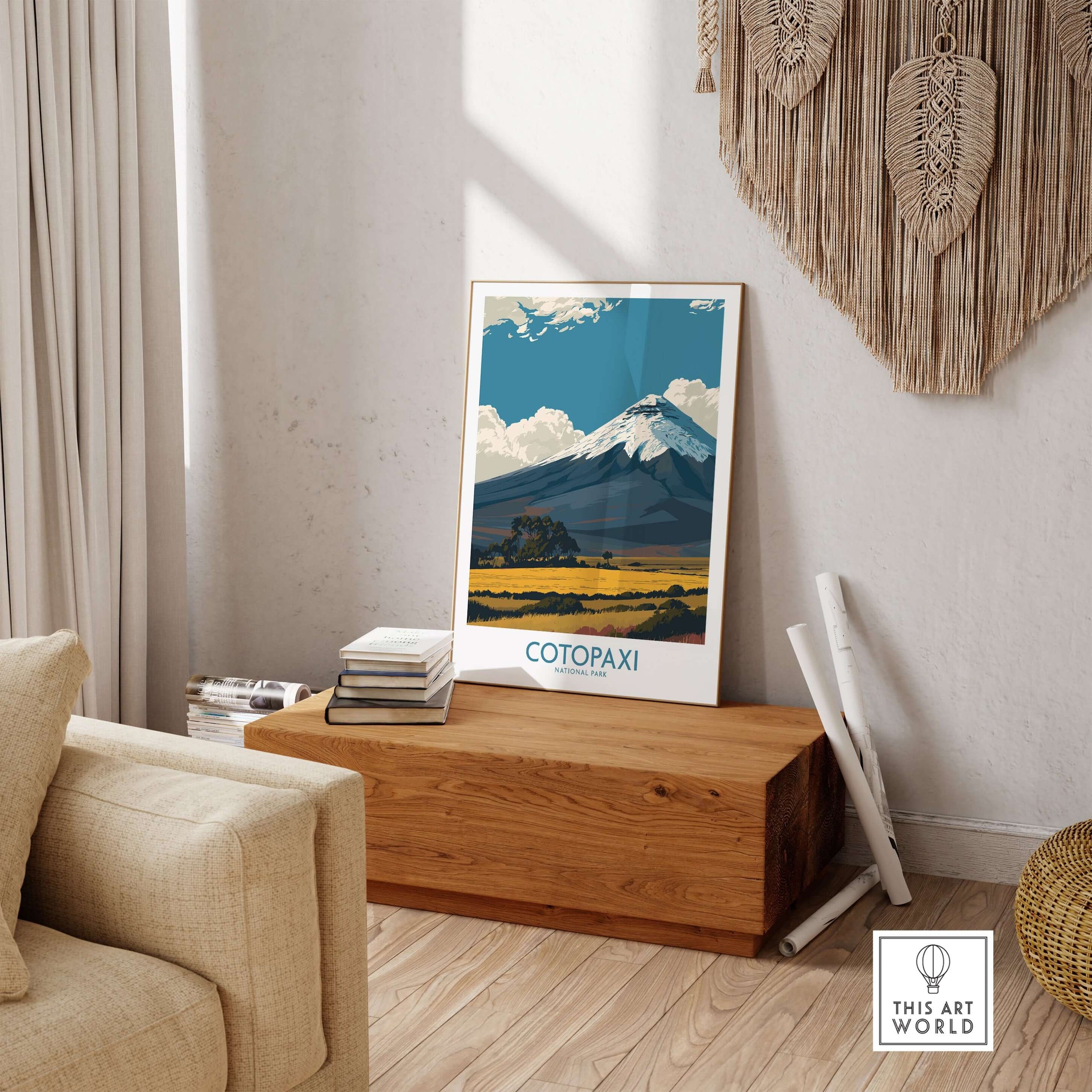 Ecuador Landscape Print Cotopaxi Volcano National Park Travel Poster Wall Art displayed in modern living room decor.
