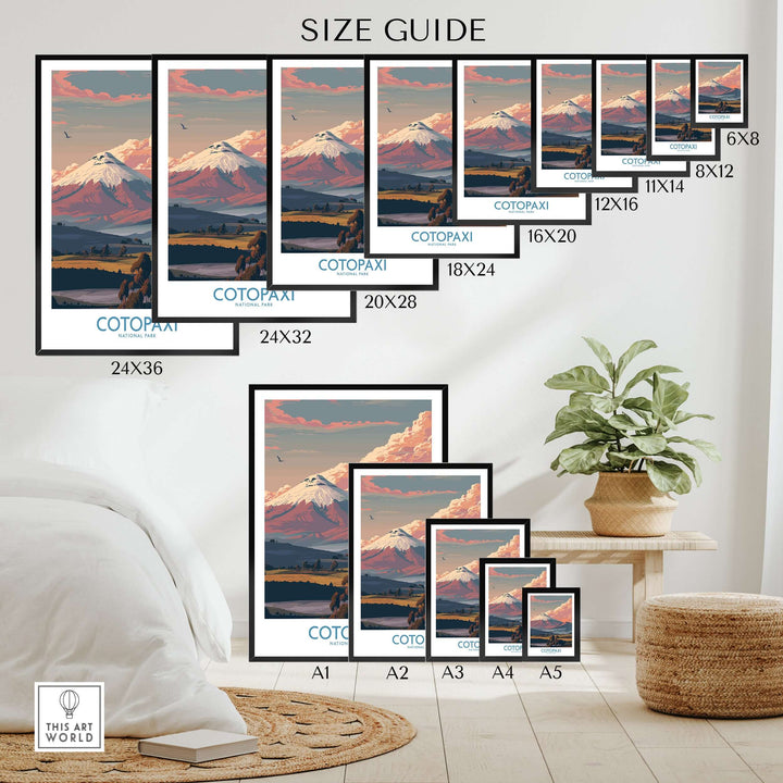Ecuador Cotopaxi volcano poster size guide with various frame options displayed in a stylish interior.