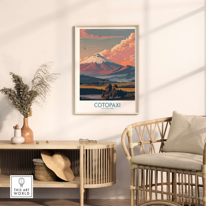 Ecuador sunset landscape poster of Cotopaxi Volcano, vibrant pink and orange clouds, wall art decor.