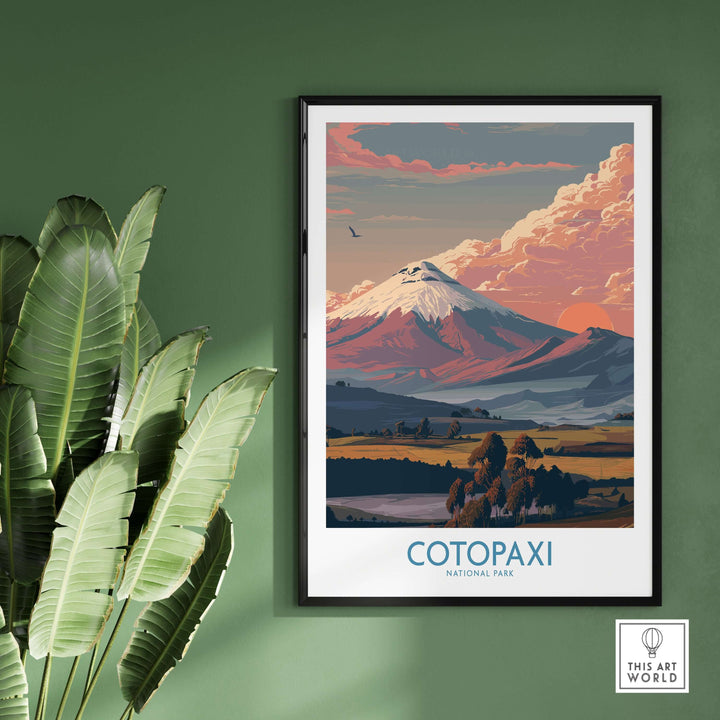 Cotopaxi Volcano sunset landscape poster framed on wall with green foliage, showcasing vibrant Andes scenery.