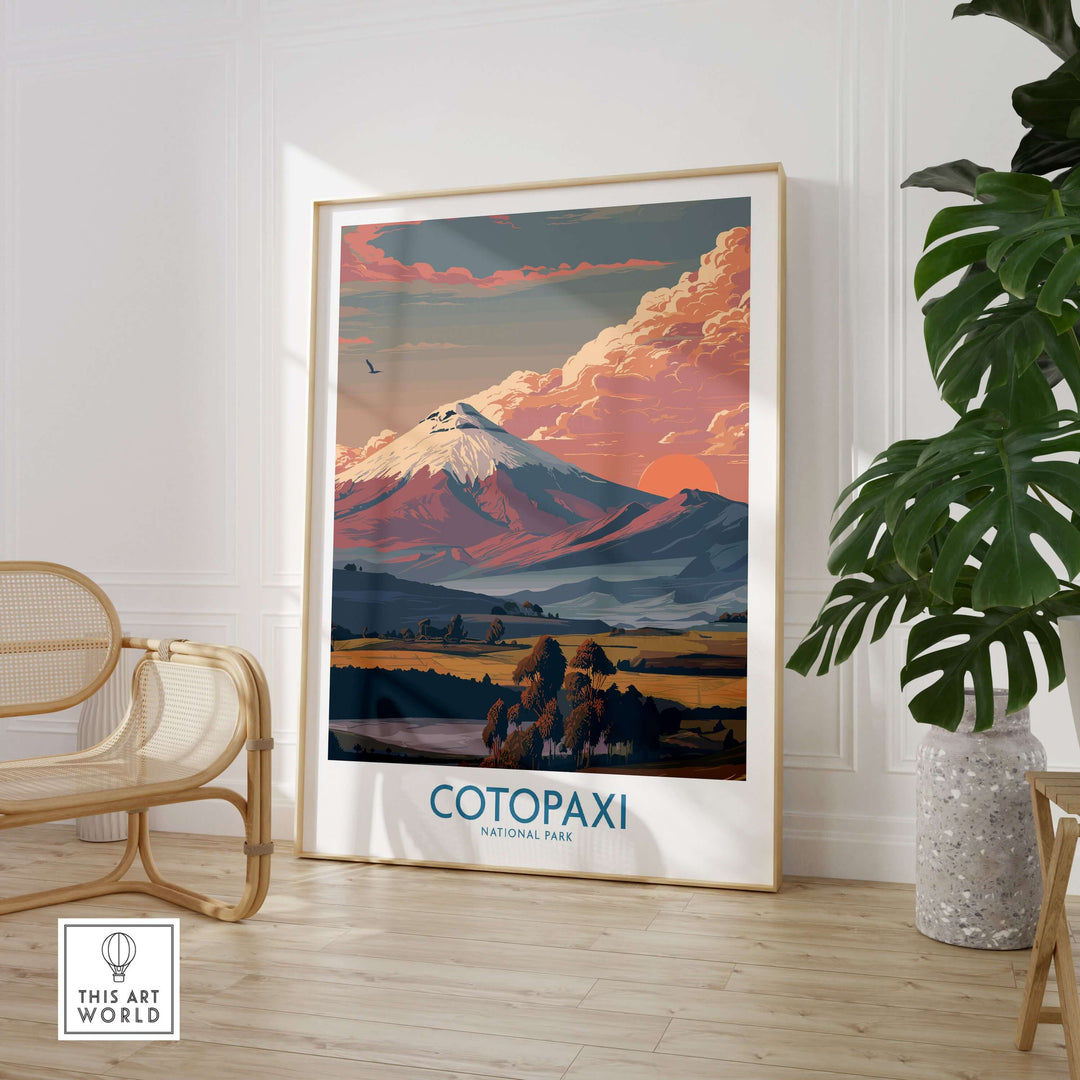 Ecuador sunset landscape poster featuring Cotopaxi volcano in a stylish interior setting.