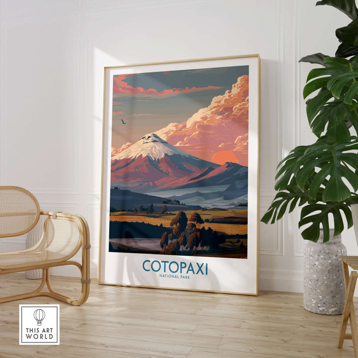 Ecuador sunset landscape poster featuring Cotopaxi volcano in a stylish interior setting.