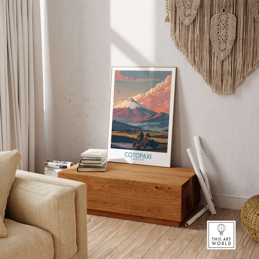 Ecuador Cotopaxi volcano landscape poster in a stylish interior, featuring vibrant sunset colors and scenic valley.