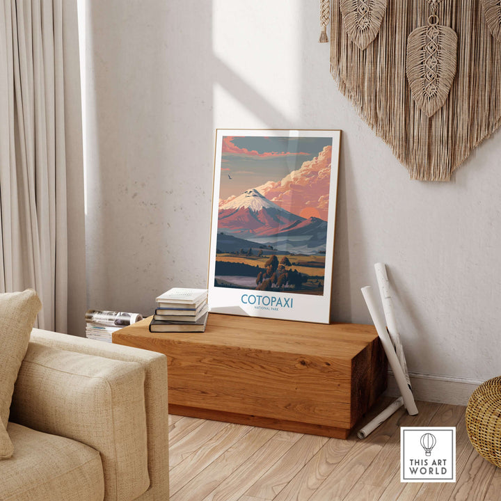 Ecuador Cotopaxi volcano landscape poster in a stylish interior, featuring vibrant sunset colors and scenic valley.