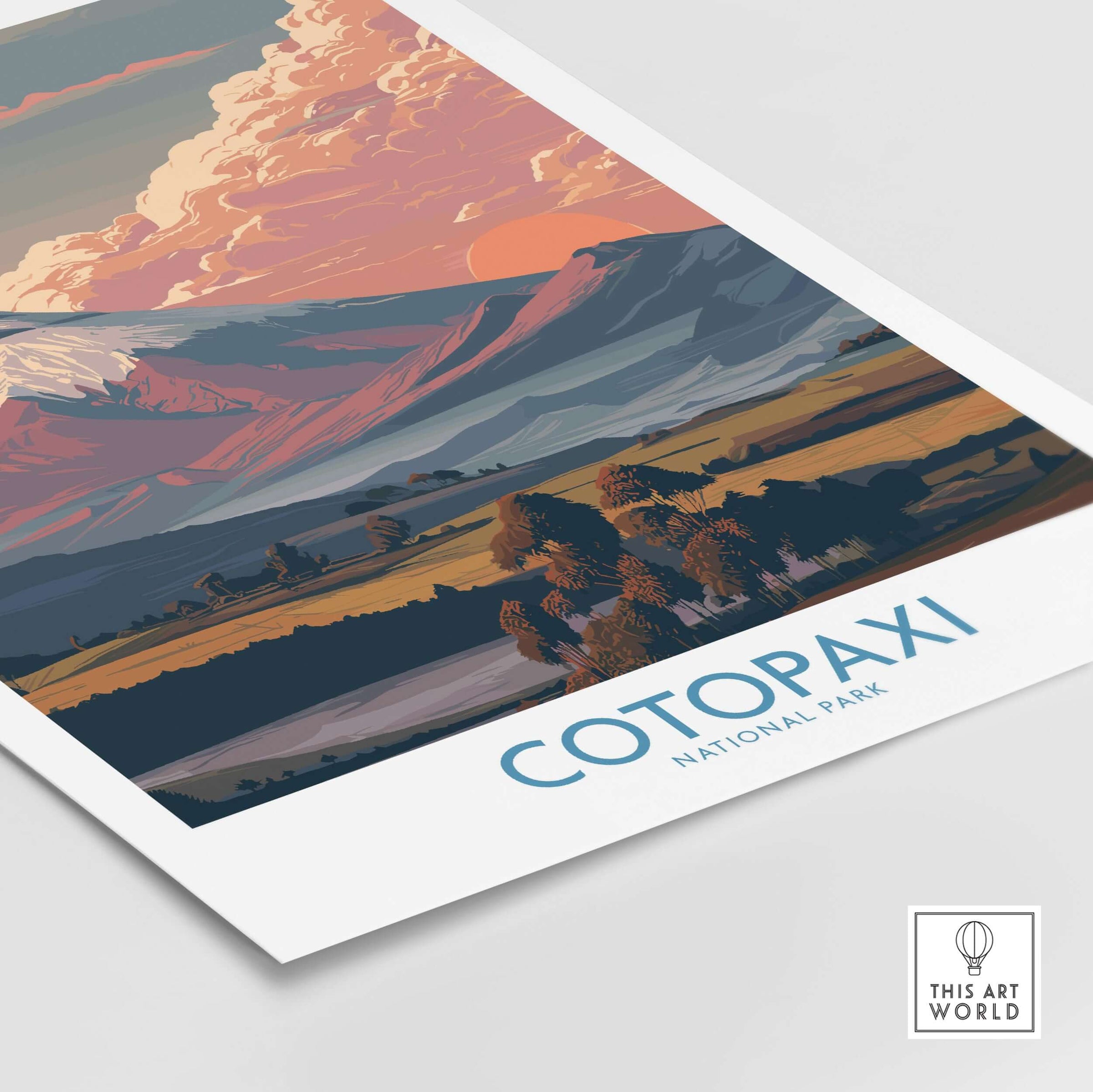 Ecuador Sunset Landscape Poster Cotopaxi Volcano National Park Travel Print Wall Art showcasing vibrant landscape.