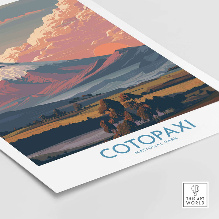 Cotopaxi National Park poster showcasing a vibrant sunset landscape with pink and orange clouds.