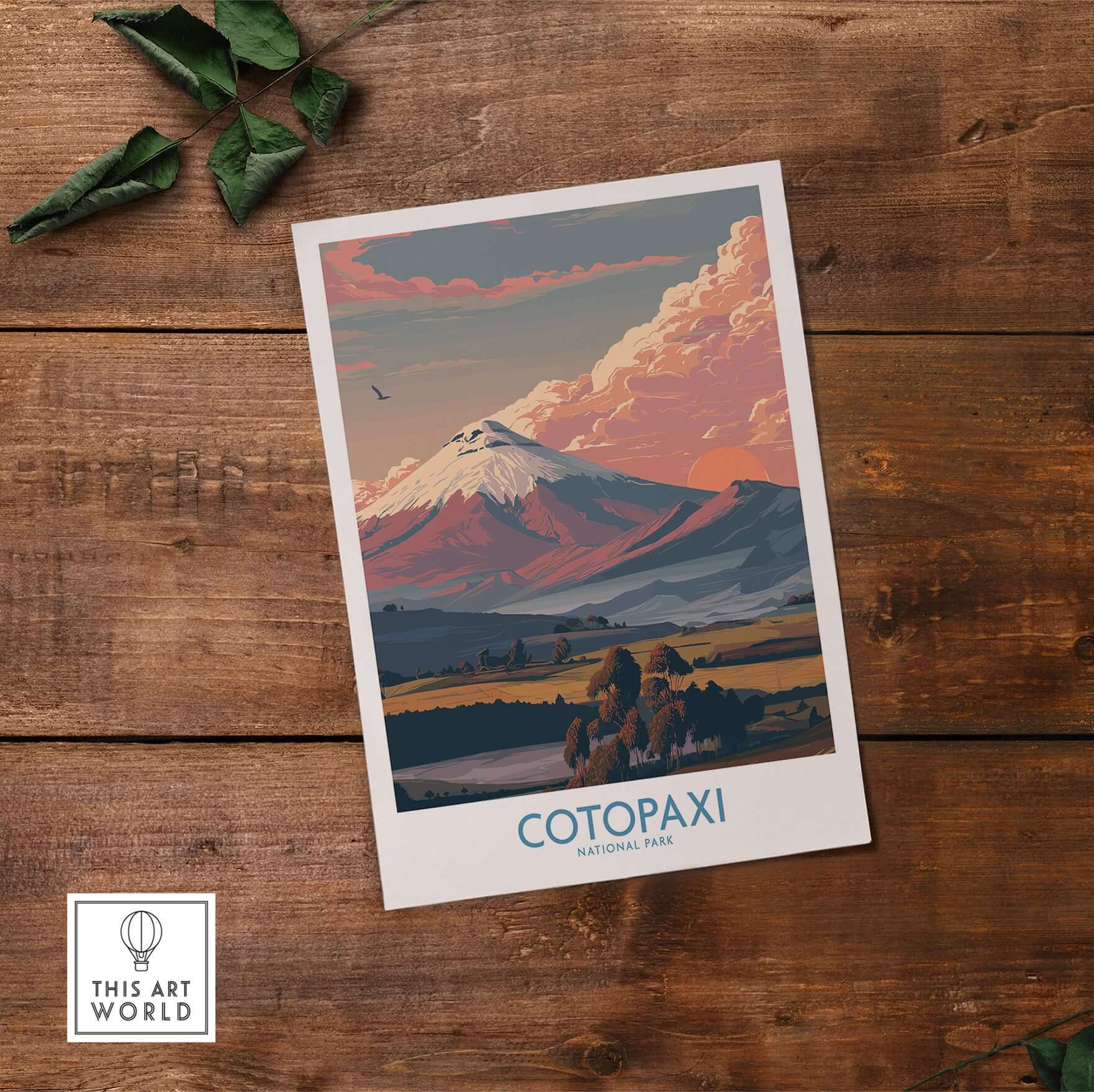 Ecuador Sunset Landscape Poster Cotopaxi Volcano National Park Travel Print Wall Art displayed on a wooden surface.