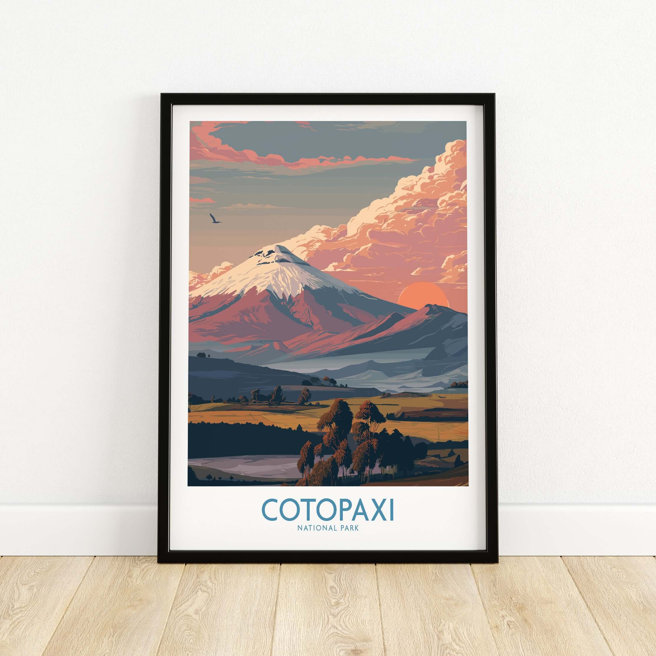 Ecuador Sunset Landscape Poster Cotopaxi Volcano National Park Travel Print Wall Art showcasing vibrant clouds and mountains.