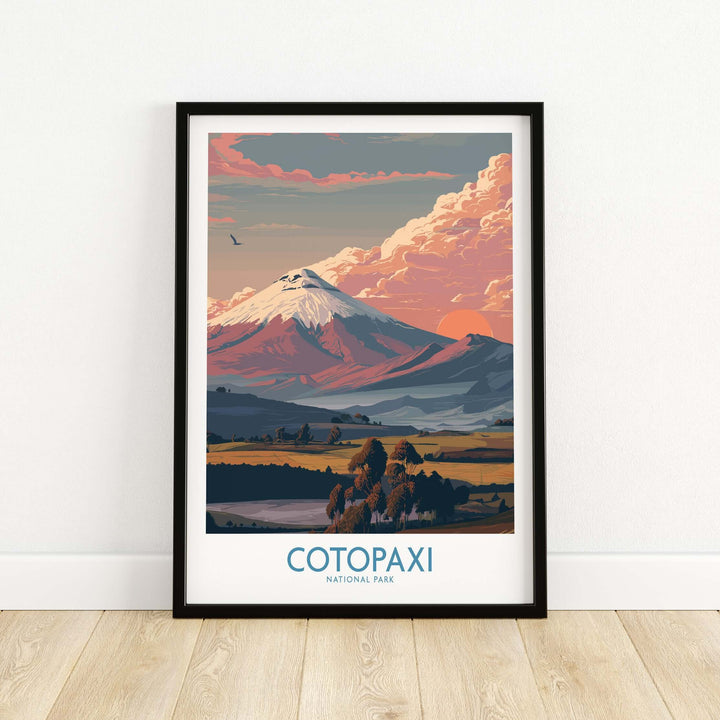 Framed Cotopaxi National Park poster featuring a vibrant sunset landscape of the volcano and surrounding valleys.