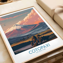 Ecuador Sunset Landscape Poster Cotopaxi Volcano National Park Travel Print Wall Art framed on a table.