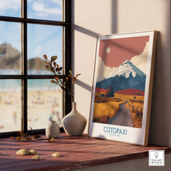 Ecuador Volcano Cotopaxi Travel Poster Road Landscape Print National Park Wall Art displayed on a wooden table by a window.