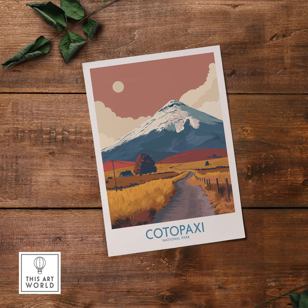 Cotopaxi National Park travel poster featuring a road and volcano in warm tones.