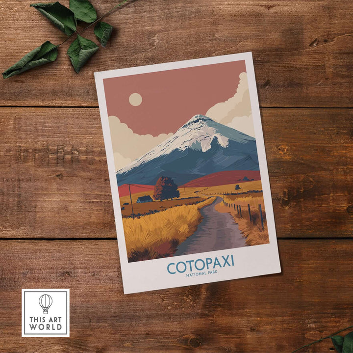 Cotopaxi National Park travel poster featuring a road and volcano in warm tones.