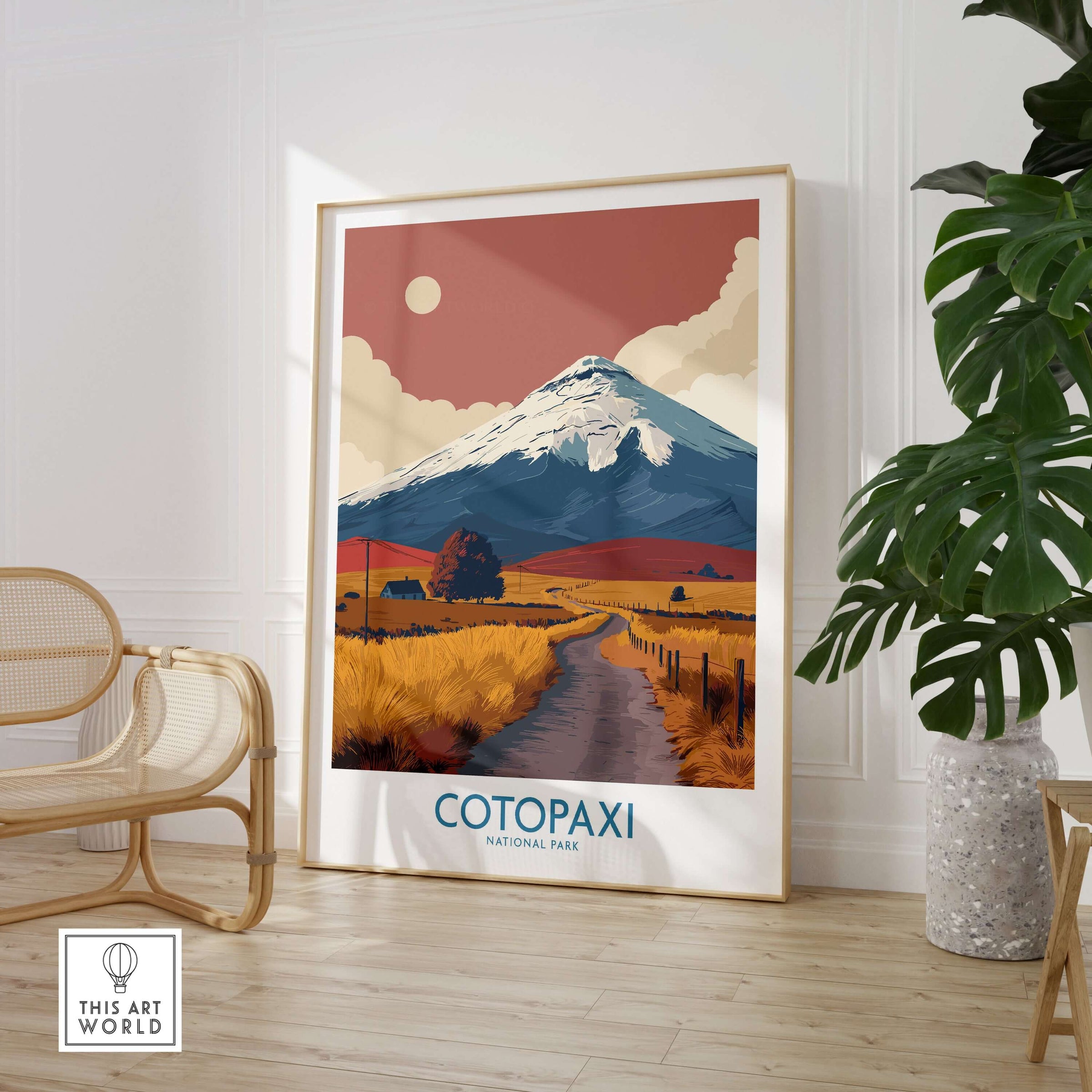 Ecuador Volcano Cotopaxi Travel Poster Road Landscape Print National Park Wall Art displayed in a modern interior with plant.