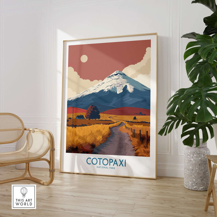 Cotopaxi National Park travel poster featuring a scenic road and volcano in a warm-toned landscape.