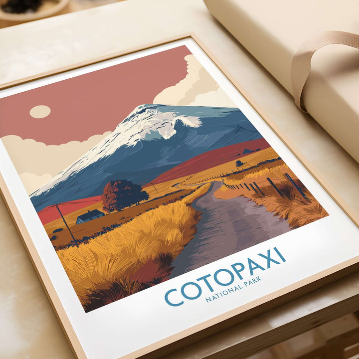 Cotopaxi National Park travel poster featuring a scenic road and majestic volcano in warm tones.