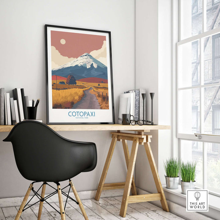 Cotopaxi travel poster featuring a road and mountain in a stylish home office setting with modern decor.