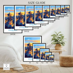 Edinburgh Travel Poster size guide showcasing dimensions and styles for displaying Edinburgh Travel Poster in various formats.