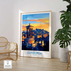 Edinburgh Travel Poster showcasing iconic landmarks in vibrant colors and cultural heritage in a stylish home setting.