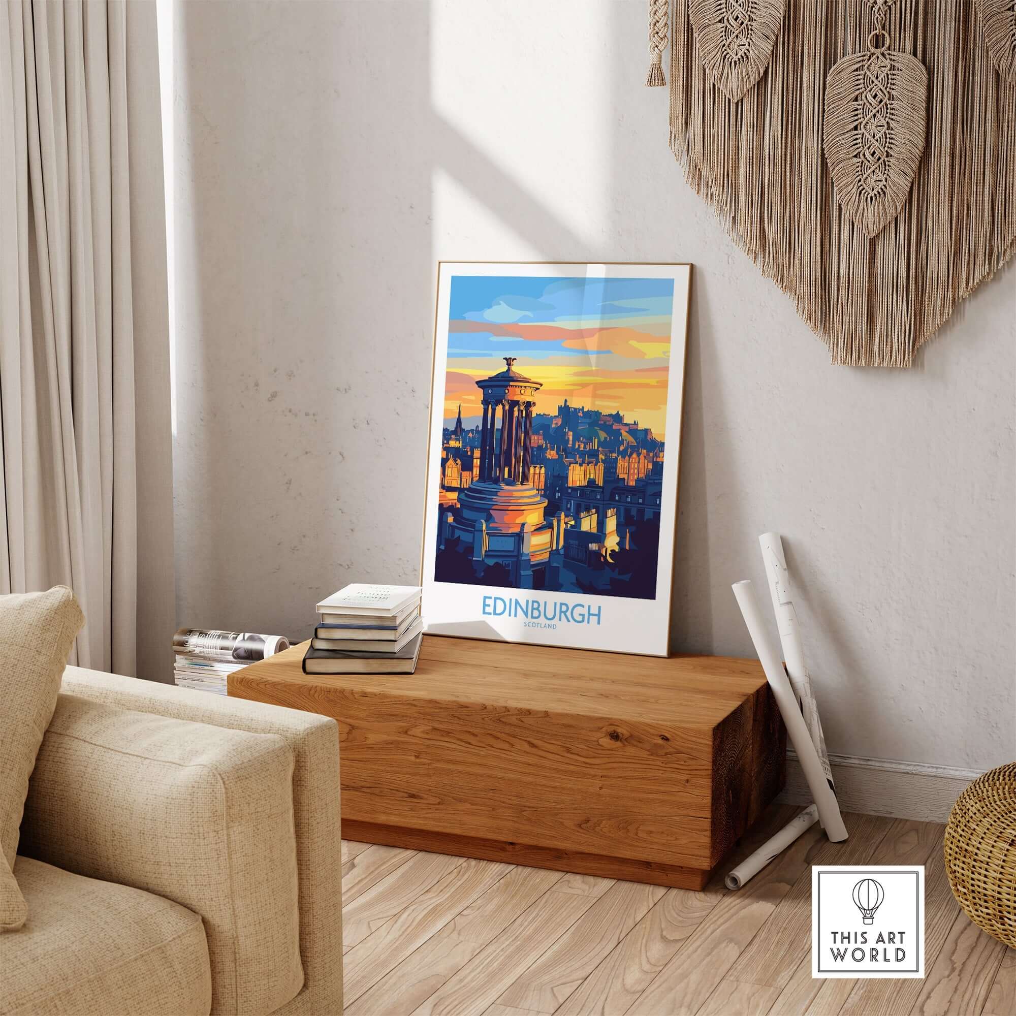 Edinburgh Travel Poster displayed in a cozy interior setting, showcasing iconic landmarks of Edinburgh.