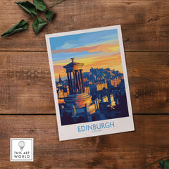 Edinburgh Travel Poster showcasing iconic landmarks and vibrant sunset colors of Edinburgh, Scotland.
