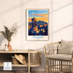 Edinburgh Travel Poster showcasing iconic landmarks of Scotland in a stylish interior setting.