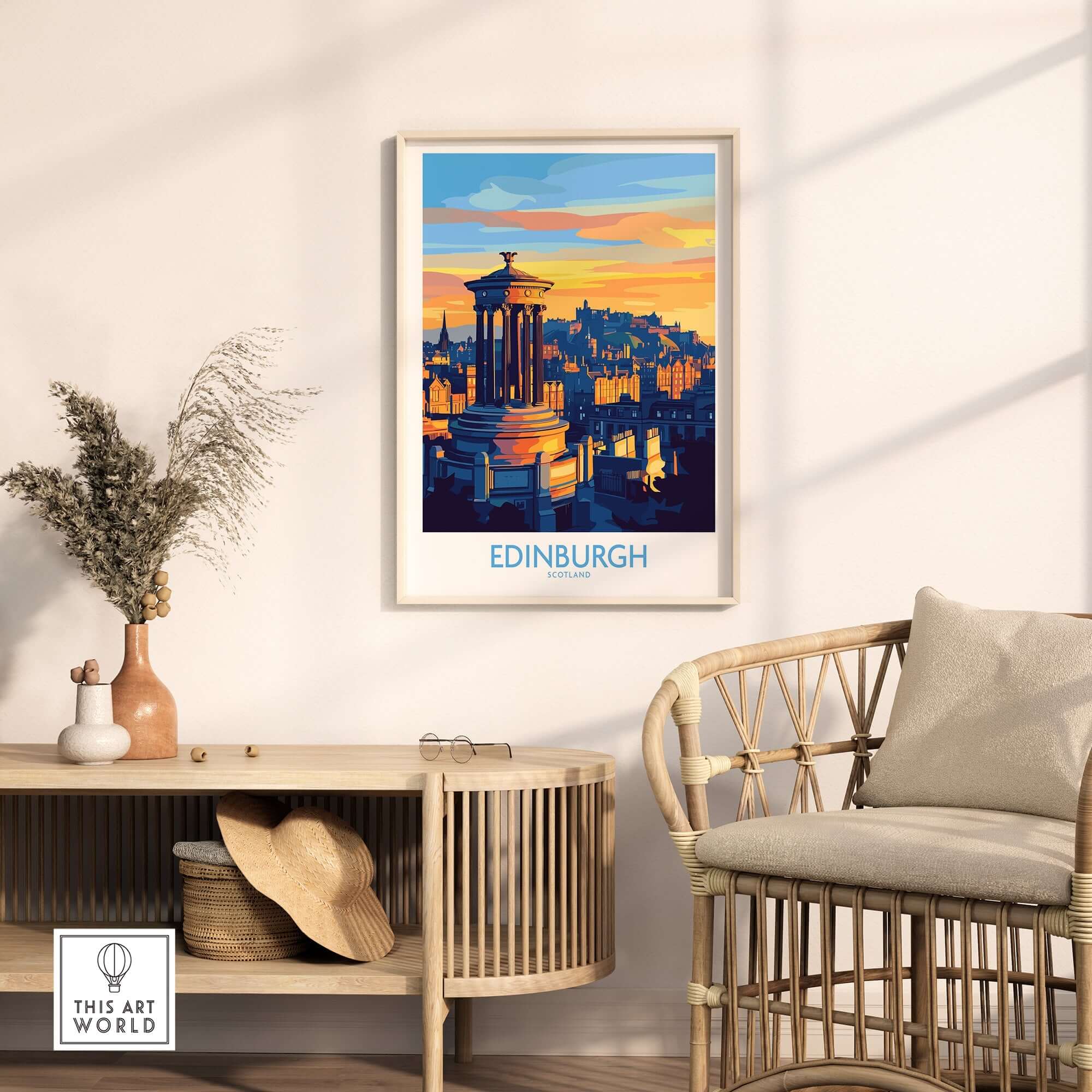 Edinburgh Travel Poster showcasing iconic landmarks of Scotland in a stylish interior setting.