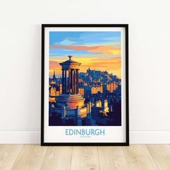 Edinburgh Travel Poster featuring a sunset view over the city with iconic landmarks in vibrant colors.