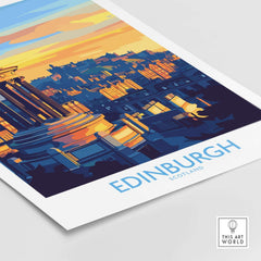 Edinburgh Travel Poster showcasing the skyline of Edinburgh at sunset with iconic landmarks.
