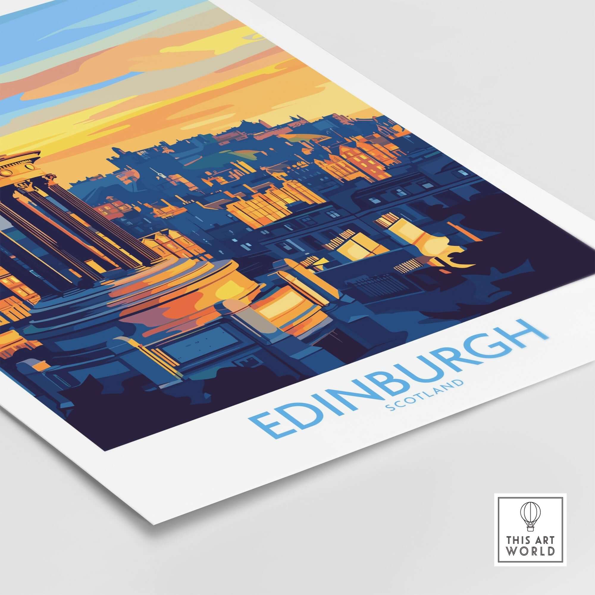 Edinburgh Travel Poster showcasing the skyline of Edinburgh at sunset with iconic landmarks.