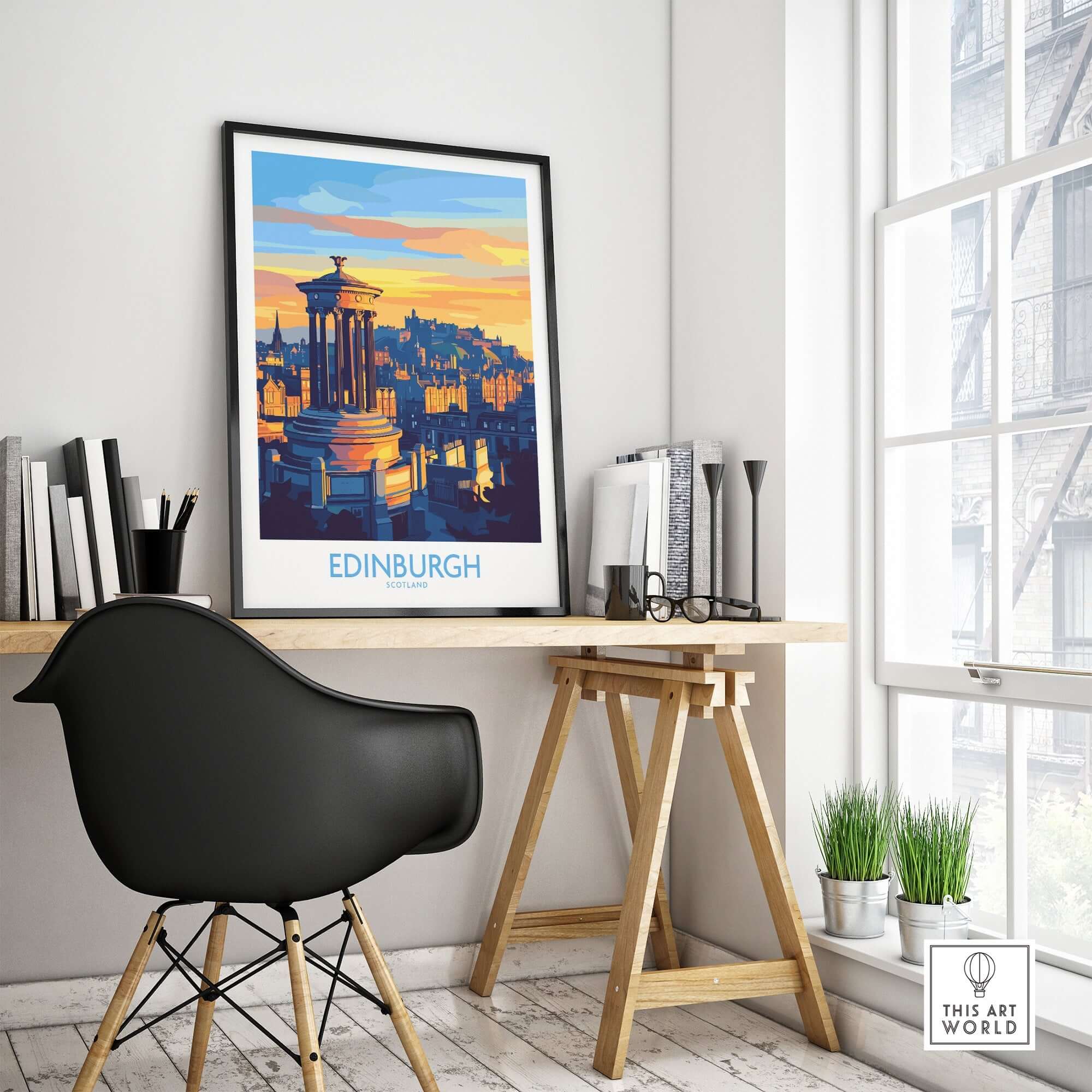 Edinburgh Travel Poster displayed in a stylish interior setting, highlighting Edinburgh's iconic landmarks.